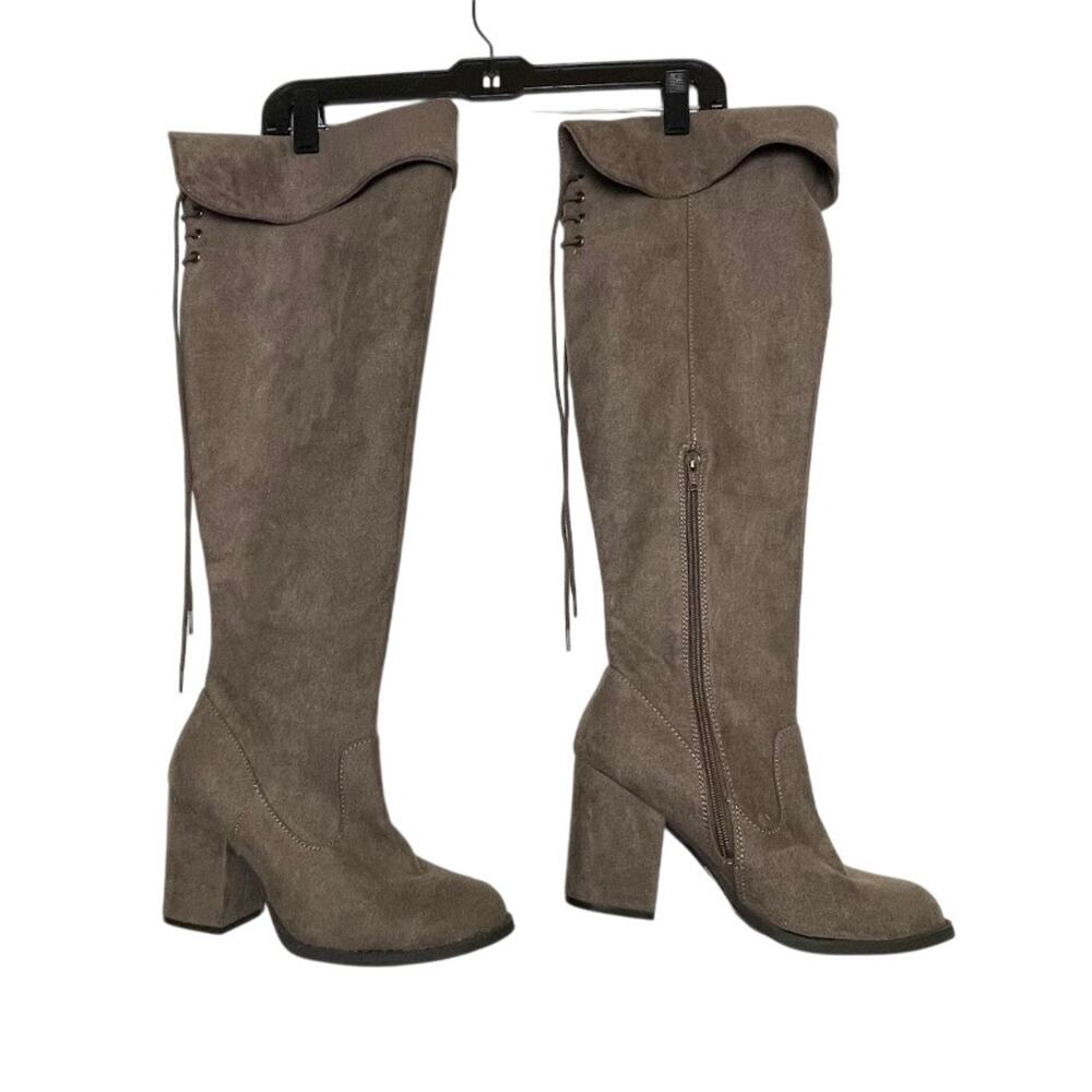 Thigh High Faux Suede Boots 8M Over‎ The Knee Lace Up Taupe Pirate Style Boots